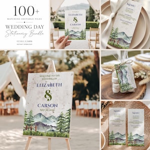 Könnte beinhalten: Ein Hochzeits-Papeterie-Set mit Aquarell-Illustrationen von Bergen und Kiefern. Das Set enthält ein Willkommensschild, Menükarten und Geschenkanhänger mit dem Text Elizabeth & Carson, May 20, 2030, sowie verschiedenen Menüpunkten in Dunkelblau.