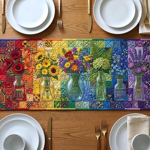 Tafelloper met regenboogbloemen, bedrukte stof Pride Dining Decor, kleurrijke bloemenvaasloper, tafeldecor Love is Love