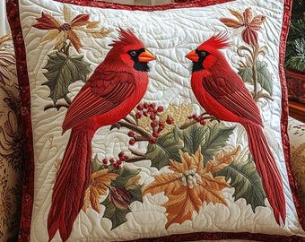 Red Cardinal Bird Pillow Cover, Autumn Floral Throw Pillow Case, Vintage Nature Cushion Cover, Cozy Fall Farmhouse Sofa Decor Gift