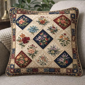 Vintage Floral Patchwork Pillow Cover Cottagecore Cushion Case Quilted Style Flower Pillowcase Farmhouse Decor Rustic Throw Pillow