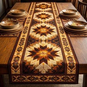 Puede incluir: Un camino de mesa acolchado con un patrón geométrico de estrella en tonos marrones, beige y dorados. El camino de mesa está colocado sobre una mesa de madera, con platos y manteles individuales, creando un ambiente acogedor.