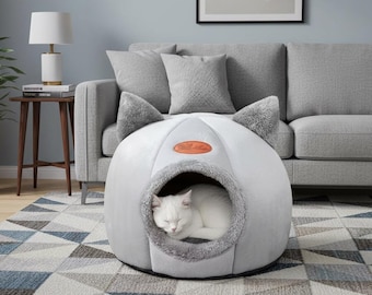 Cama para gatos con forma de cabeza de gato, acogedora casita para mascotas, nido seguro y cálido para dormir, antideslizante, cómoda para gatos de interior.