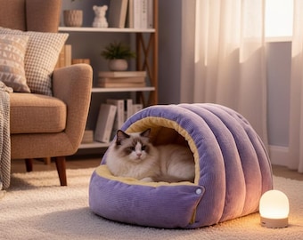 Casinha aconchegante para gatos, macia e de pelúcia, ninho quente para dormir, ideal para gatos e cães de pequeno porte em ambientes internos. Possui almofada grossa e um esconderijo fechado perfeito para o seu felino.