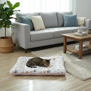 May include: A tabby cat resting on a rectangular pet bed with a paw print pattern. The bed is on a light-colored floor in front of a gray sofa with decorative pillows. A wooden coffee table and a potted plant are also in the room.