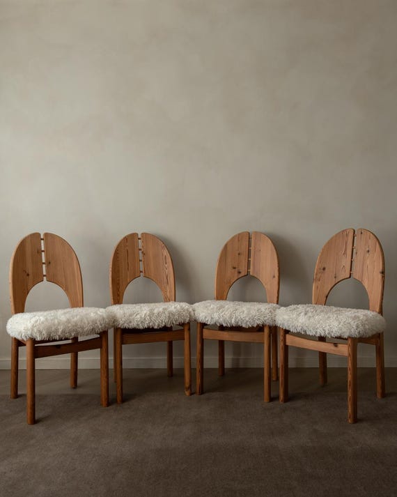 Vintage Danish Pine Dining Chairs in The Style of Niels Koefoed Faux Sheepskin, 1970s