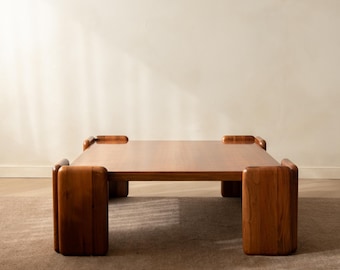 May include: A square coffee table crafted from medium-toned wood with a smooth, flat surface. The table features four thick, rounded corner legs that extend slightly above the tabletop level, creating a distinct frame around the edges.