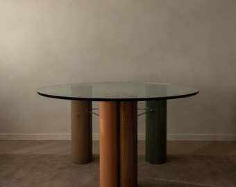 Vintage Saporiti Italia Round Dining Table | Smoked Glass Lacquered Column Base | Italian Postmodern 1980s