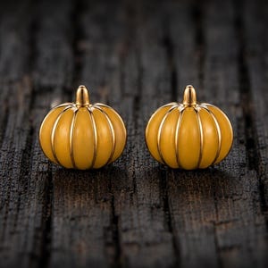 May include: A pair of stud earrings shaped like pumpkins, featuring a glossy yellow enamel finish with thin, raised gold-toned vertical ridges and a small gold-toned stem at the top of each rounded, segmented pumpkin form.