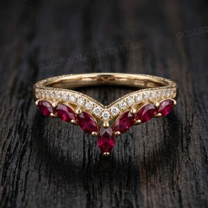 14k Solid Gold Ruby Ring Dainty Stacking Ring Marquise Cut Ruby Band Unique Stackable Ring Half Eternity Ring Gift for Women Moissanite Band