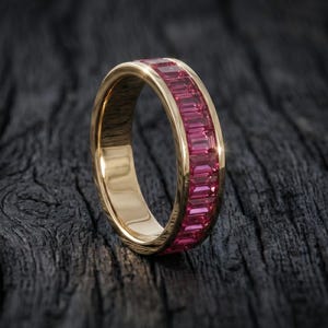 Baguette Cut Ruby Eternity Band 14K Solid Gold - Channel Set Stacking Ring - Unique Full Eternity Ruby Anniversary Wedding Gift for Women
