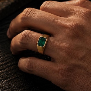 Men's Emerald Signet Ring, Sterling Silver Ring, May Birthstone