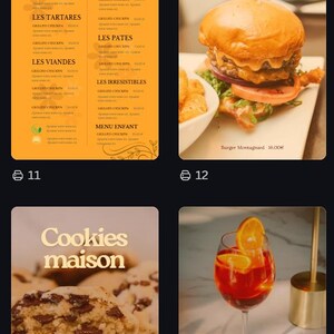 Peut inclure: Un menu de restaurant sur fond orange, listant des catégories d'aliments comme les salades, les tartares et les viandes. Le menu propose également un burger, des cookies et un cocktail aux tranches d'orange.