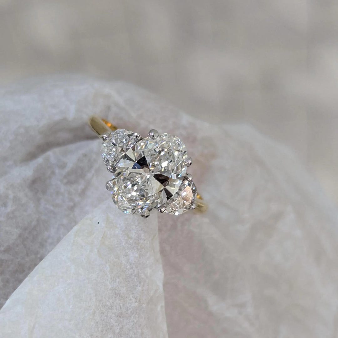 Oval Engagement Ring With Half Moon Side Stones | Lab Grown Diamond - Etsy