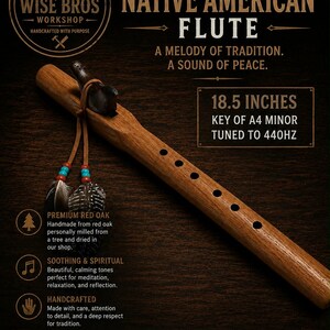 May include: A handmade red oak Native American flute measuring 18.5 inches in the key of A4 minor tuned to 440Hz. The instrument features a dark wooden bird-shaped fetish, leather ties with turquoise beads, and two feathers attached to the body.