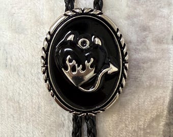 Gothic Devil Heart Bolo Tie, Flames & Tail Pendant, Western Boho Bolo Tie for Men Women, Western Punk Rock Necktie