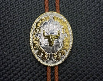 Corbata bolo Western Bull, corbata vaquera para hombre y mujer, corbata bolo de rodeo en tonos dorados y plateados, collar bolo de estilo vintage, regalo para él.