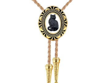 Black Cat Bolo Tie, Gothic Western Cowboy Necktie, Vintage Gold Tone Cat Jewelry, Halloween Gift for Cat Lovers