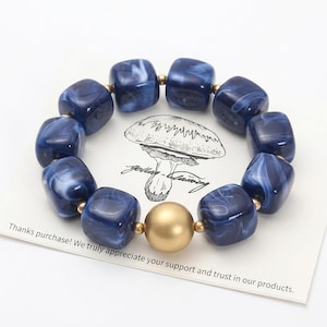 Chunky Beads Marble Bracelet, Bold Square Bead Acrylic Bangle, Matte Gold Focal Bead Statement Jewelry, Modern Gift for Her