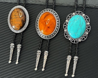 Handmade Western Bolo Tie mens gift, Vintage Southwestern Cowboy Necktie, Natural Tiger Eye, Turquoise Style Stone, Groomsmen Gift