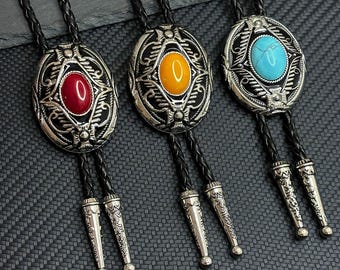 Western Bolo Tie for Men Women - Southwestern Gothic Leather Necktie - Groomsmen Gift - Vintage Cowboy Bolo with Red Yellow Turquoise Stone