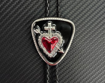 Sacred Heart Bolo Tie, Gothic Cross Arrow Pendant, Western Punk Rock Necktie