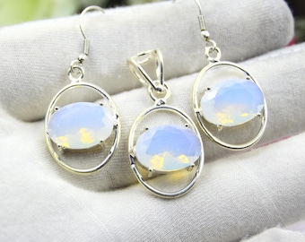 Handgjord mjölkig opal ädelsten 925 sterlingsilver blomformade smycken örhängen set