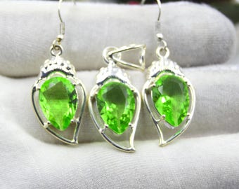 Handmade Green Peridot Gemstone 925 Sterling Silver Jewelry Earring Pendant Set