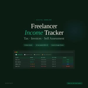 May include: Digital download graphic with the text "Freelancer Income Tracker". The design includes a dark green background with a spreadsheet interface displaying financial data. The text includes "Tax, Invoices, Self Assessment".