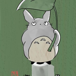 May include: A cartoon illustration of a grey creature with large eyes, holding a green leaf. It stands on a roll of toilet paper, with two small black creatures nearby. The background is a textured green colour.