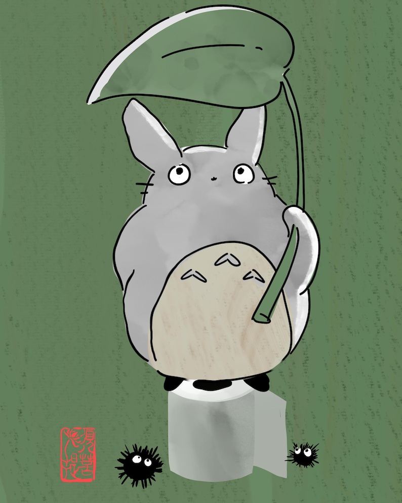 May include: A cartoon illustration of a grey creature with large eyes, holding a green leaf. It stands on a roll of toilet paper, with two small black creatures nearby. The background is a textured green colour.