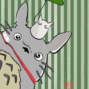 May include: Illustration of a grey cartoon character with large eyes, whiskers, and a red stripe across its chest. A smaller white character sits on top. The background features green and white vertical stripes.