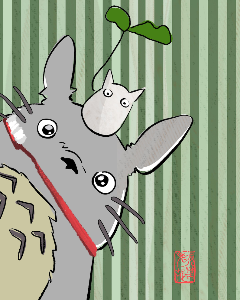 May include: Illustration of a grey cartoon character with large eyes, whiskers, and a red stripe across its chest. A smaller white character sits on top. The background features green and white vertical stripes.