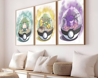 Pokémon Trio Pikachu Gengar Snorlex set of 3 kawaii digital posters, perfect gift for wall decoration in living room, children's room, or nursery