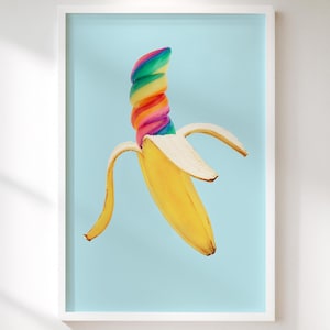 Rainbow Twist Banana on Soft Blue – Playful Still Life Photography Printable for Modern Interiors
