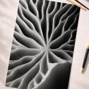 Könnte beinhalten: Schwarz-Weiß-Makrofotografie einer strukturierten, organischen Form, möglicherweise ein Pilz- oder Pflanzendetail. Das Bild konzentriert sich auf die komplizierten Muster mit einem radialen Design. Pinsel, ein Stift und eine Kaffeetasse befinden sich im Hintergrund.
