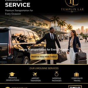 May include: Black and gold advertisement for a limousine service. The image features a black limousine, a man and a woman with luggage, and text that reads "Luxury Limousine Service" and "Reserve Your Ride Today!" Additional services include airport transfers and wedding packages.