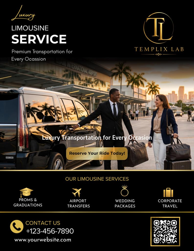 May include: Black and gold advertisement for a limousine service. The image features a black limousine, a man and a woman with luggage, and text that reads "Luxury Limousine Service" and "Reserve Your Ride Today!" Additional services include airport transfers and wedding packages.