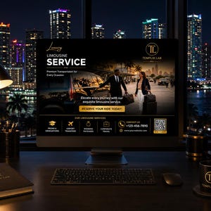 May include: A computer monitor displays a luxury limousine service advertisement. The ad features a black and gold color scheme with the text "Luxury Limousine Service." The image shows a couple with luggage, and the city skyline is visible in the background. A desk lamp, notebook, and coffee mug are also visible.
