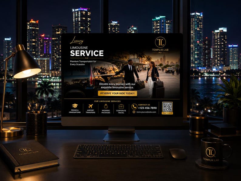 May include: A computer monitor displays a luxury limousine service advertisement. The ad features a black and gold color scheme with the text "Luxury Limousine Service." The image shows a couple with luggage, and the city skyline is visible in the background. A desk lamp, notebook, and coffee mug are also visible.
