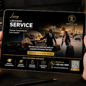 May include: A tablet displays a black and gold advertisement for a luxury limousine service. The ad features a couple with luggage, a limousine, and city skyline. Text includes "Luxury Limousine Service" and "Reserve Your Ride Today!"