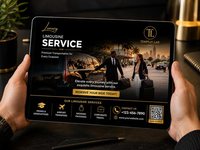 May include: A tablet displays a black and gold advertisement for a luxury limousine service. The ad features a couple with luggage, a limousine, and city skyline. Text includes "Luxury Limousine Service" and "Reserve Your Ride Today!"