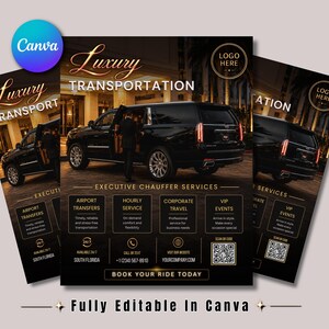 Può includere: Un modello di volantino nero per servizi di trasporto di lusso con un SUV nero, testo dorato che recita Luxury Transportation, Executive Chauffeur Services, e sezioni per trasferimenti aeroportuali, servizio orario, viaggi aziendali ed eventi VIP.