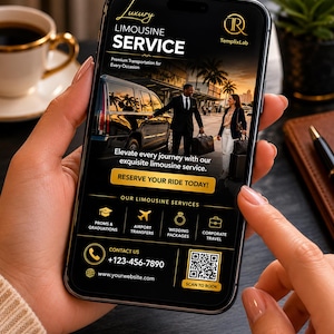 May include: A smartphone displays a black and gold advertisement for a luxury limousine service. The ad features a black limousine, a couple with luggage, and the text "Luxury Limousine Service." It includes contact information and a QR code.