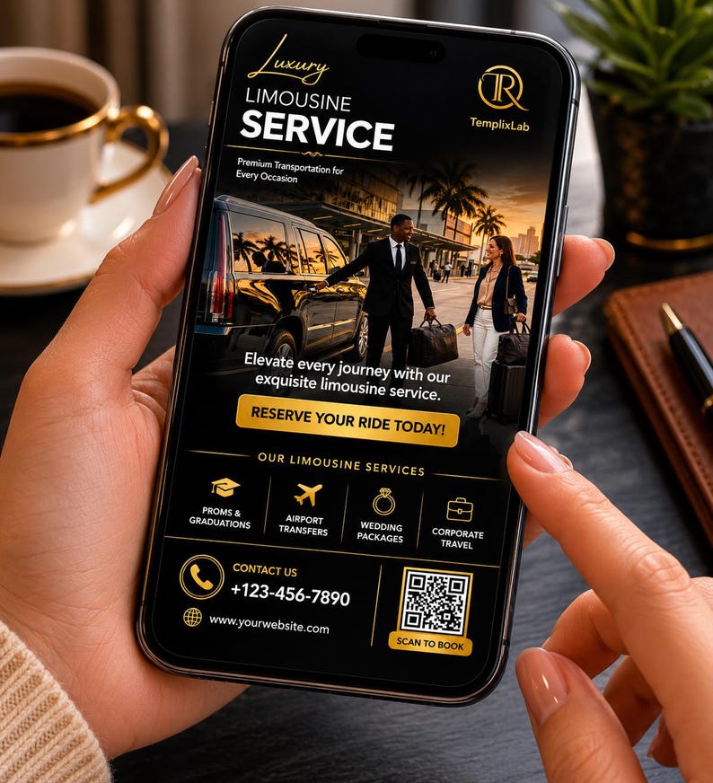 May include: A smartphone displays a black and gold advertisement for a luxury limousine service. The ad features a black limousine, a couple with luggage, and the text "Luxury Limousine Service." It includes contact information and a QR code.