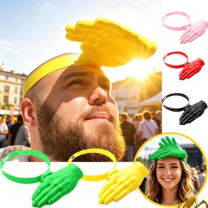 Może przedstawiać: Kolekcja nowatorskich opasek do włosów z motywem dłoni. Opaski dostępne są w różnych kolorach, w tym żółtym, różowym, czerwonym, czarnym i zielonym. Dłonie są ustawione tak, jakby machały lub pozdrawiały. Opaski noszone są przez osoby w słonecznym otoczeniu na zewnątrz.