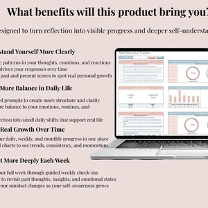 May include: A laptop displaying a Self Discovery Tracker spreadsheet with charts and data tables. The screen shows sections for understanding patterns, building balance, tracking growth, and reflecting, with text detailing benefits and progress.