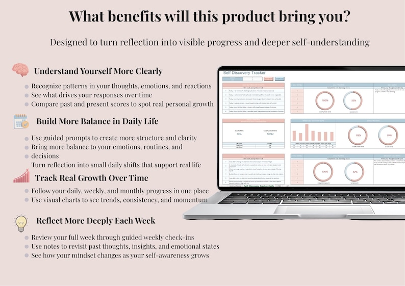 May include: A laptop displaying a Self Discovery Tracker spreadsheet with charts and data tables. The screen shows sections for understanding patterns, building balance, tracking growth, and reflecting, with text detailing benefits and progress.