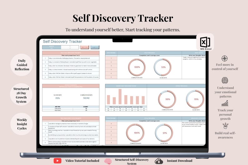 May include: A digital Self Discovery Tracker spreadsheet displayed on a laptop screen, featuring daily guided reflection prompts, completion rate charts, progress bars, and data visualization graphs for tracking personal growth patterns over 28 days.