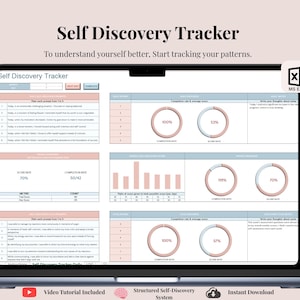 Op de afbeelding: Een laptopscherm met een "Self Discovery Tracker" in MS Excel. De tracker bevat secties voor dagelijkse reflectie, een 28-daags groeisysteem en wekelijkse inzichtcycli. Het scherm toont grafieken en voortgangsindicatoren.