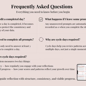 May include: A Frequently Asked Questions document with a light background and black text. It outlines guidelines for completing daily prompts, locking data, and tracking cycle days, featuring a small tablet graphic displaying a digital dashboard.